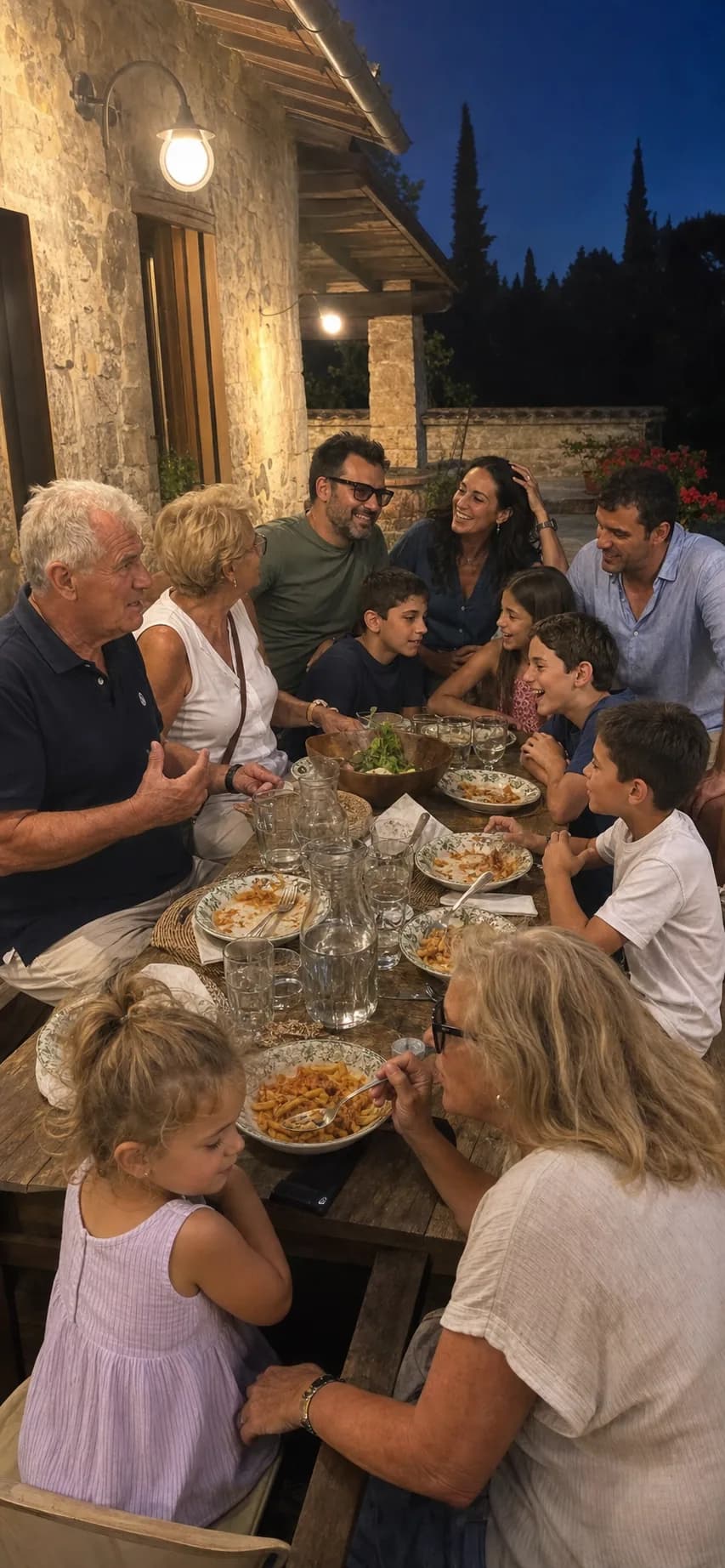 A large extended family sharing dinner at an Italian holiday house