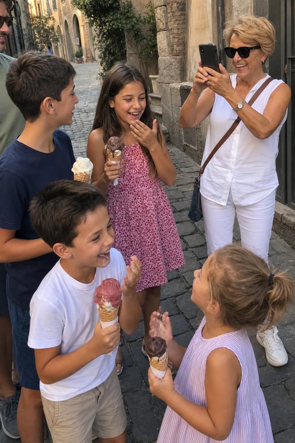 A grandmother photographing her grandchildren and their cousins eating gelato
